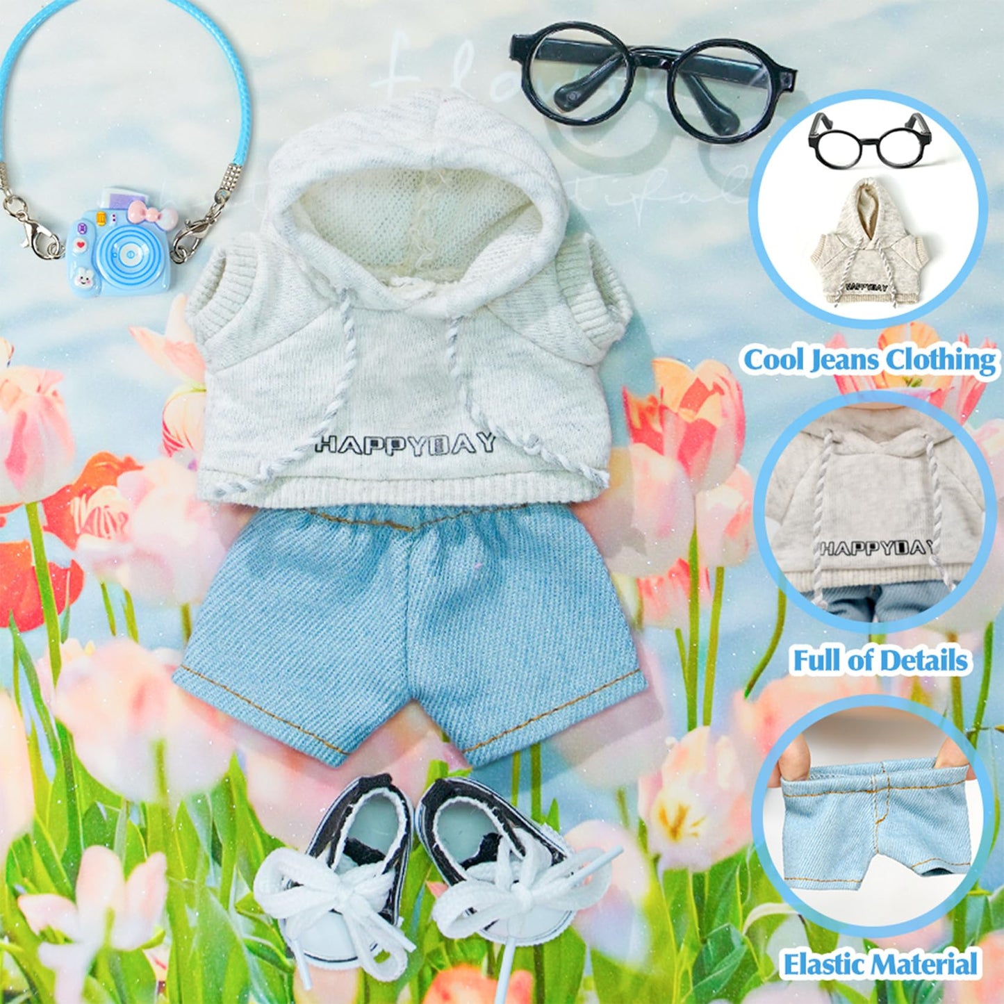 17cm Doll-Clothes-Outfit-Set,6PCS Casual Style Designer Doll Clothing Accessories for 17cm Dolls Boys-Hoody+Jeans+Small Camera+Glasses+Canvas Shoes(No Doll)