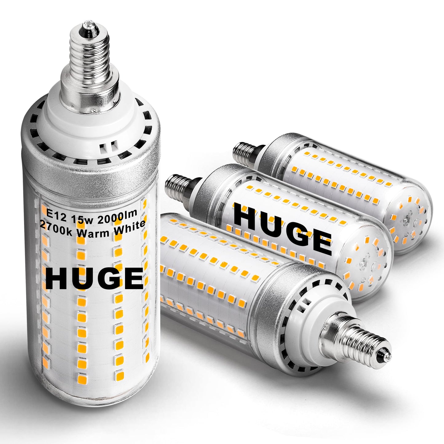 Big Size 1.57X 5.03 Inch  E12 150W Led Candelabra Bulbs C7 Replacement 2700K Warm White 2000 Lumen T6 E12 15W Led Chandelier Light Bulbs For Ceiling Fan Pendant Lighting Floor Lamp Non-Dimmable 4 Pack