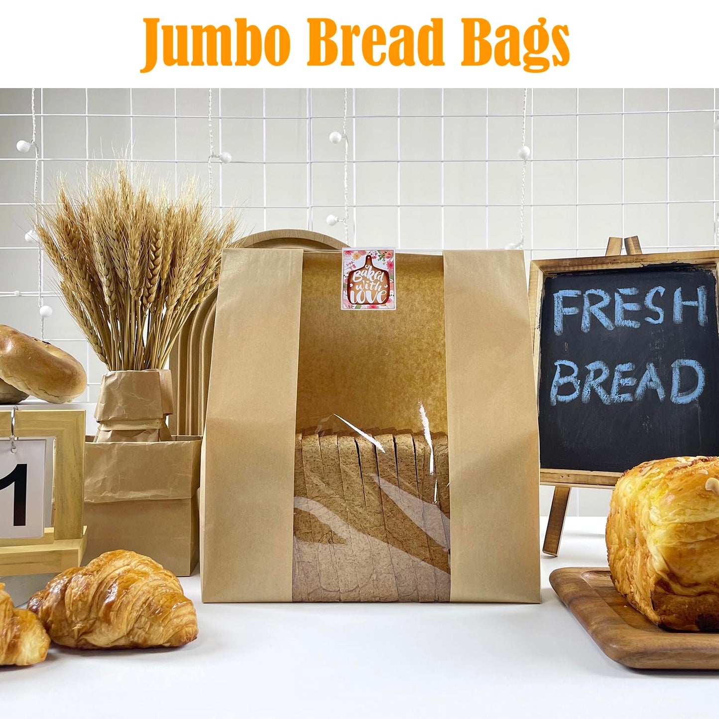 HiCivan 15.7x10.2x5.1in Extra Large Paper Bread Bags for Homemade Bread with Window&Sticker for Supersized Sourdough Bread, Oversized Bread Loaf, Baked Goods, Packaging for Gifting-Brown Kraft 50Pcs