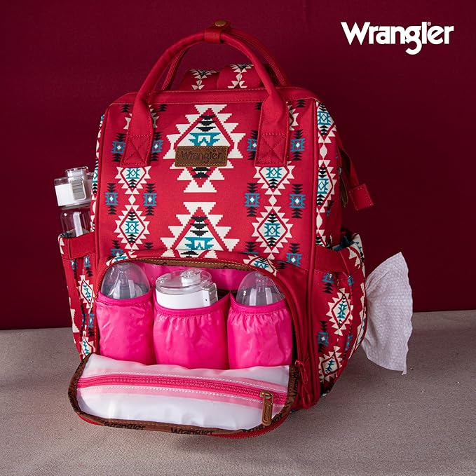 Montana West Wrangler Diaper Bag Backpack Aztec Travel Backpack Purses Western Multi-Function Baby Bags for Mom with Waterproof Insulated Pockets