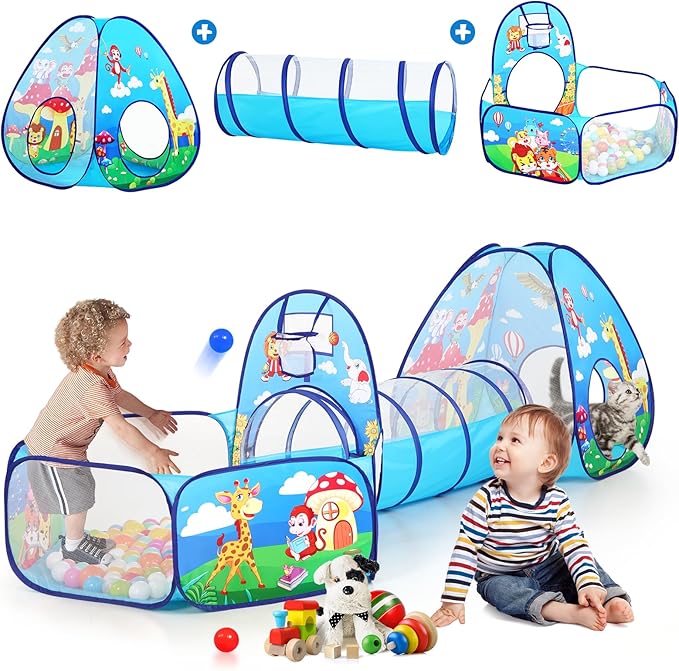 3pc Kids Play Tent with Play Tunnel and Ball Pit, Toddler Tent for Girls and Boys Indoor Playhouse, Gift Toys for Babies (Balls NOT Included)