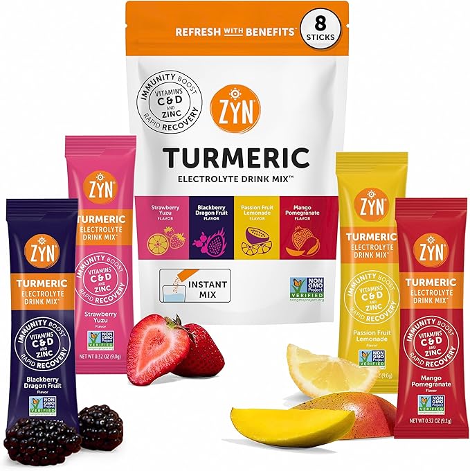 ZYN Electrolyte Drink Mix Hydration Packets, Electrolytes Powder, Hydration Packets w/Turmeric Curcumin, Vitamin C and D, ...