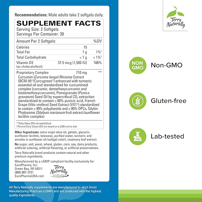 Terry Naturally Healthy PSA Levels - Dietary Supplement for Healthy Prostate & Hormone Balance Support - Herbal Supplement with Curcumin, Turmeric Essential Oil & Grape Seed Extract - 60 Softgels