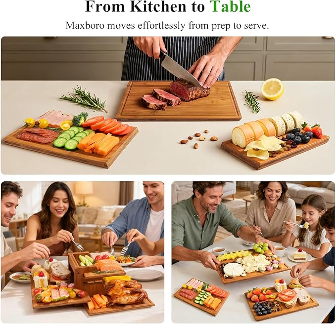Bamboo Cutting Board Set with Stand, 3PCS Double-Sided Chopping Boards for Kitchen Meal Prep & Serving, Charcuterie, Juice Grooves & Side Handle, Ideal for Meat, Vegetables, Kitchen Essentials