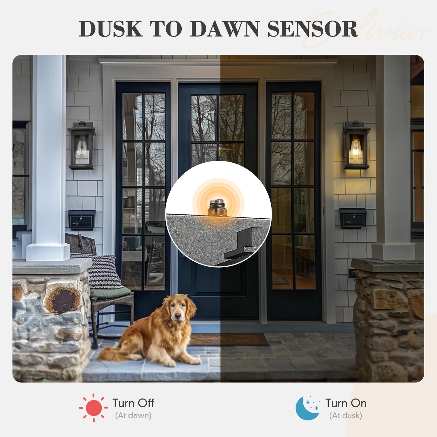Emliviar Outdoor Porch Light with Photocell Sensor, Matte Black, Clear Glass, Aluminum, Medium Size, Model 1803EW1-PC-2PK BK