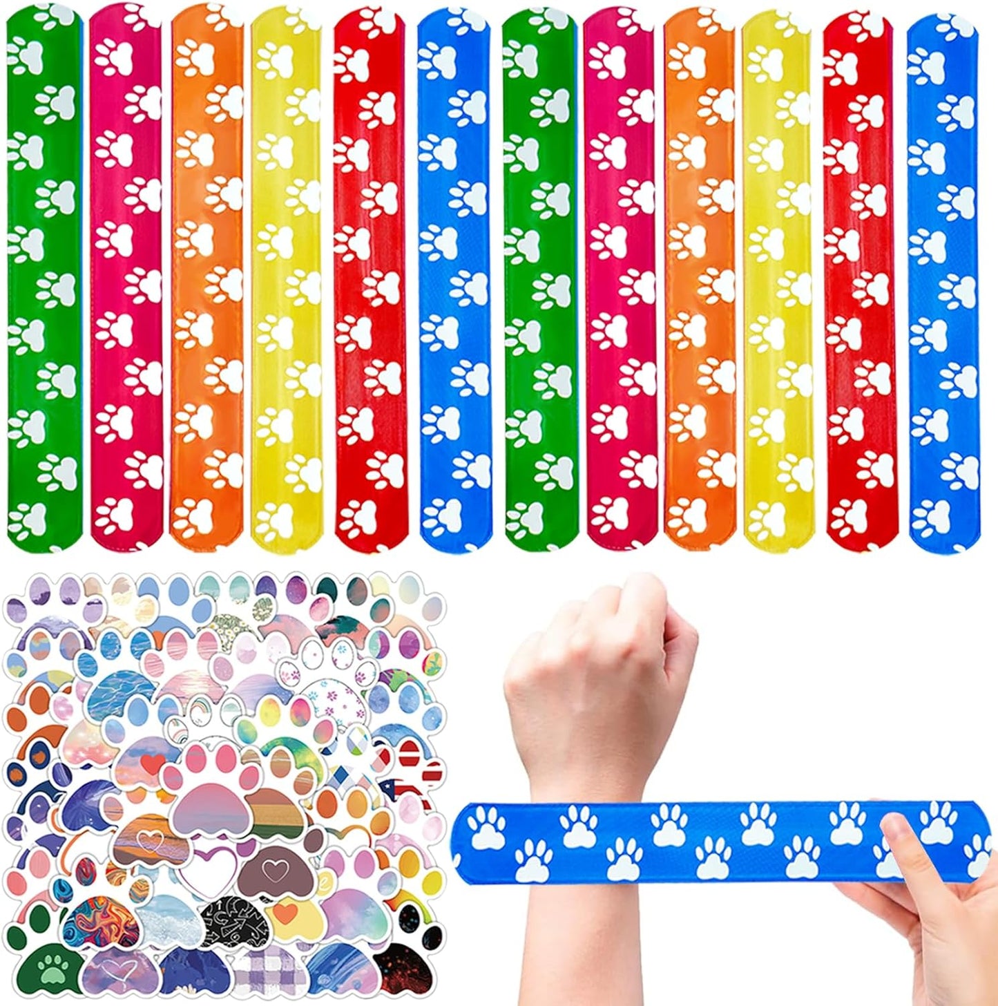 74Pcs Dog Claw ThemeParty Favors Contain 24 Pcs Dog Claw Slap Bracelets 50 Pcs DogClaw Stickers, Birthday Party Decorations,Classroom Rewards Supplies