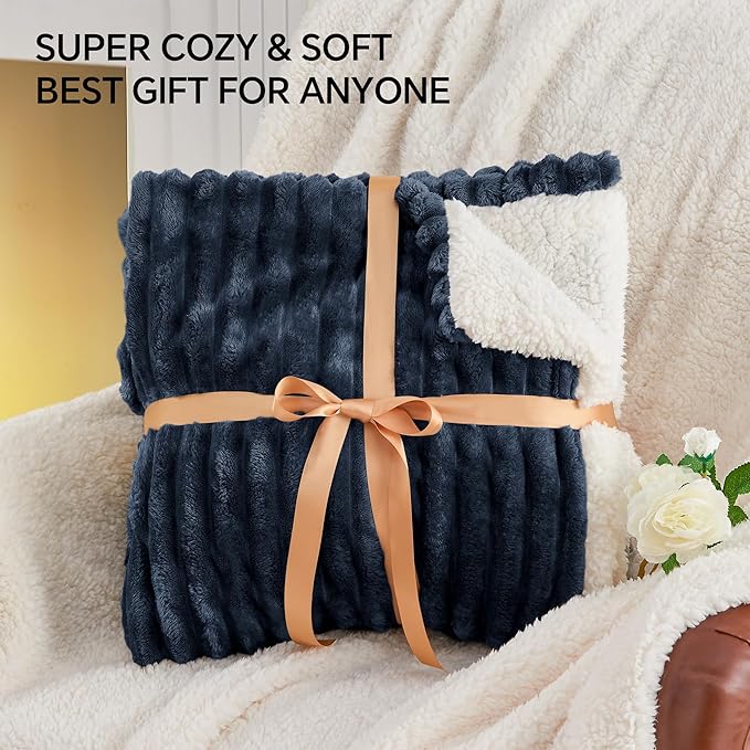 INFIIXSO Sherpa Fleece King Size Blanket - Super Soft & Warm Striped Fleece, Cozy Plush Fluffy Large Bed Blanket All Season Use (Navy Blue, 104x90 Inches)