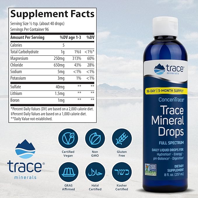 Trace Minerals ConcenTrace Drops | 72+ Minerals, Ionic Liquid Magnesium, Chloride, Potassium | Low Sodium | Energy, Electrolytes, Hydration | 12 Day Supply, 0.5 fl oz (Pack of 2)