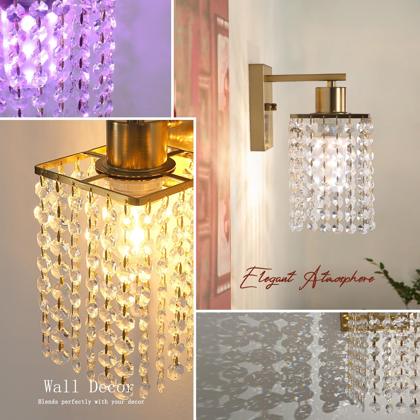 Shenmoyl Crystal Wall Sconce Set of 2, Rechargeable 5200mAh Battery, Remote Control, Dimmable Wireless Lights, Clear-Gold Base