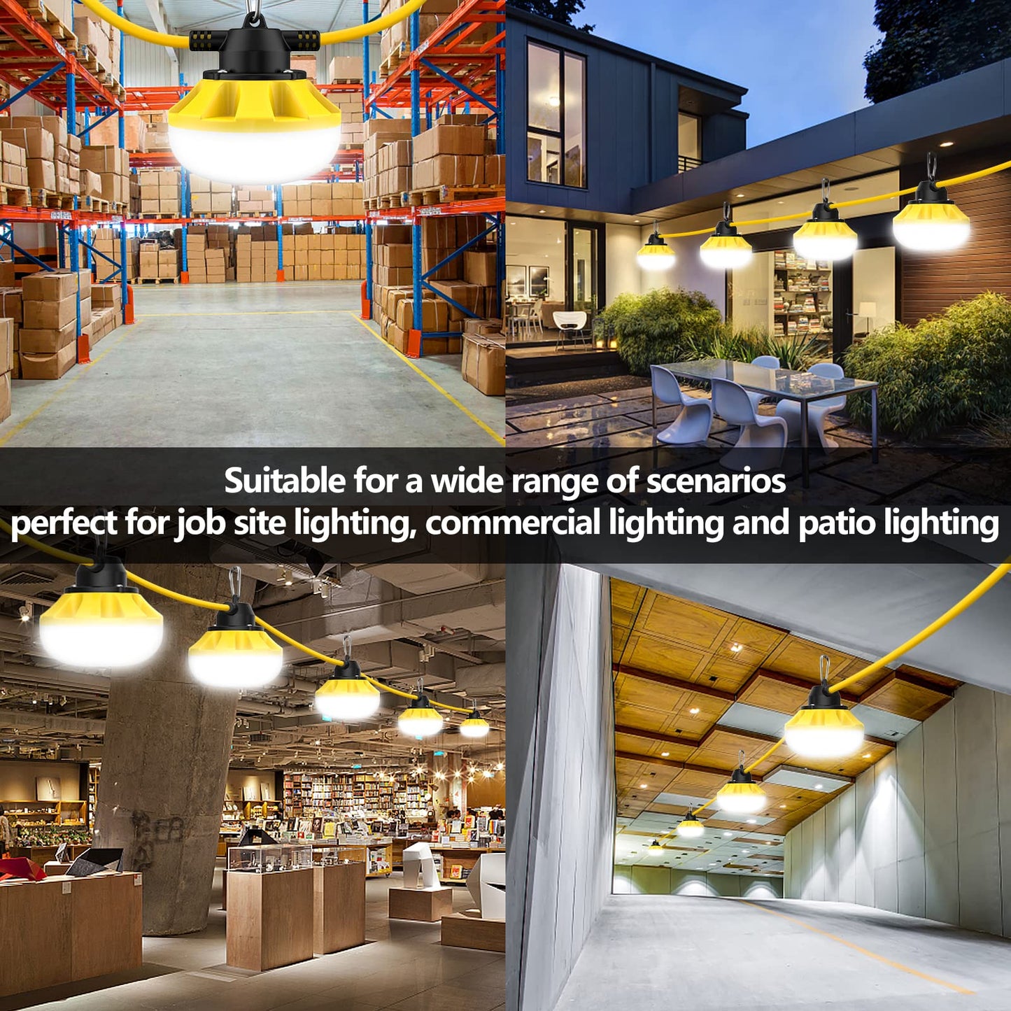 Muasdae 200Ft Led Construction String Lights, Yellow Glass, Ideal For Outdoor Lighting, Renovation, And Walkways