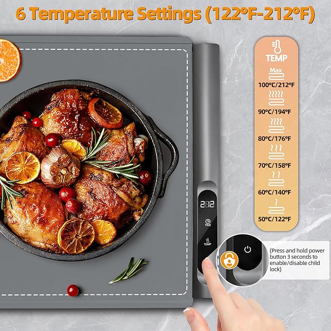 Graphene Food Warming Mat for Countertop - Fast Full Surface Heating, Extra Large (XXL 36”x 16") Electric Warming Trays for Buffets Party with 6 Temp & Timer Settings, Gifts for Mom Wife, Gray