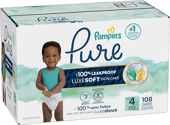 Pampers Pure Protection Baby Diapers, Size 4 (22-37 lbs), 108 Count, Up to 100% Leakproof, Premium Plant-Based Skin Protection, Hypoallergenic Soft Diapers