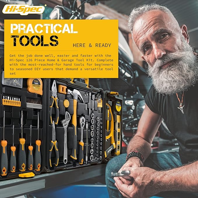 Hi-Spec 126pc Home Garage Mechanics DIY Tool Kit Set. Complete Handyman Auto, Car, Bike and Household Repairs Tool Box Set