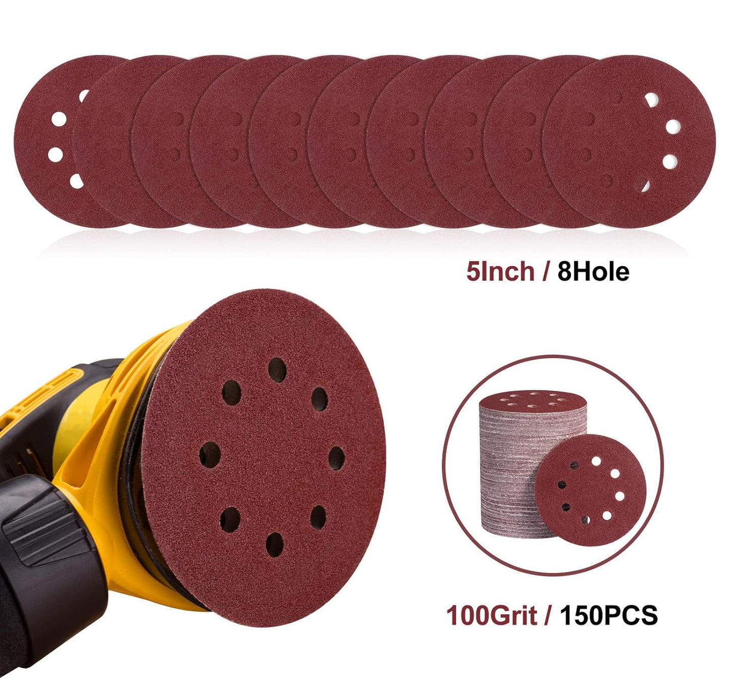 S SATC 150 Pcs Hook and Loop Adhesive Sanding Discs 5 Inch 8 Hole Sandpaper 100 Grit Aluminum Oxide Sander Pads for Random Orbital Sander