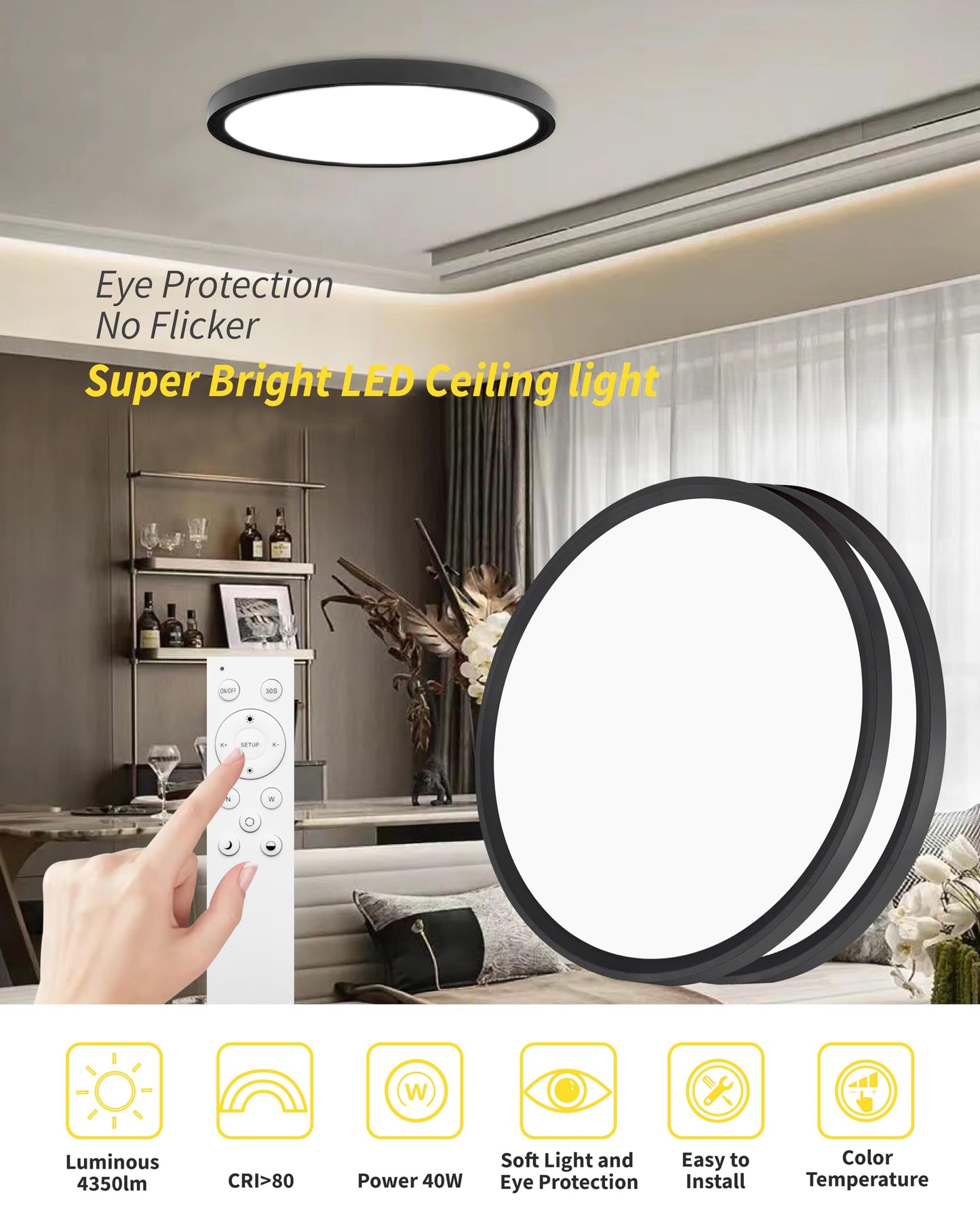 Bright Future Lighting 20 Inch LED Flush Mount Ceiling Light, 40W, Dimmable, Adjustable Color, Black, Model BFL20RD-D500H25-40W