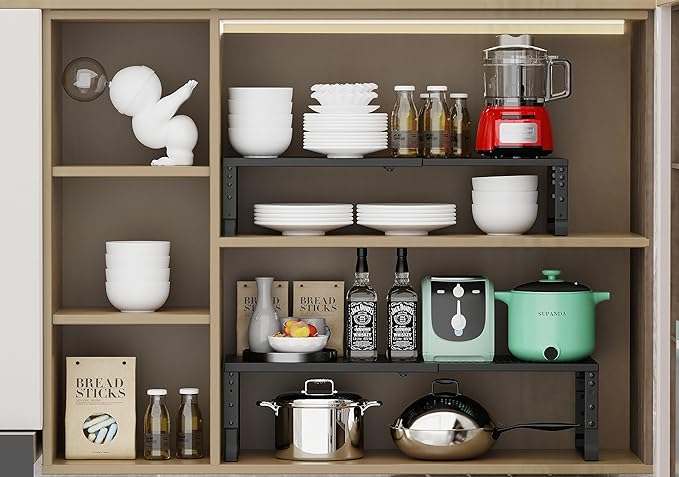 Expandable Adjustable Stackable Kitchen Organizer, Spice Rack,Metal Pantry Storage Shelves Racks,Counter Shelf for Cabinets, Countertop, Cupboard (2 Packs/Large/Black)