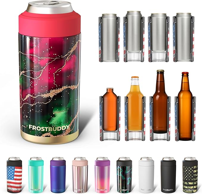 Frost Buddy Universal Can Cooler - Fits all - Stainless Steel Can Cooler for 12 oz & 16 oz Regular or Slim Cans & Bottles - Stainless Steel (Merry Marbleous)