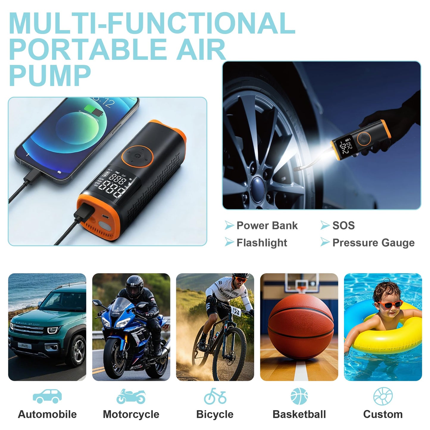 Xyuee Portable Rechargeable Air Compressor - 7500mAh Underwater Fish Attraction Oxygen Device / 150PSI Air Pump with Fish Attracting Gear, LED Lights&Pressure Gauge for Car Tires, Bubble Bait Fishing