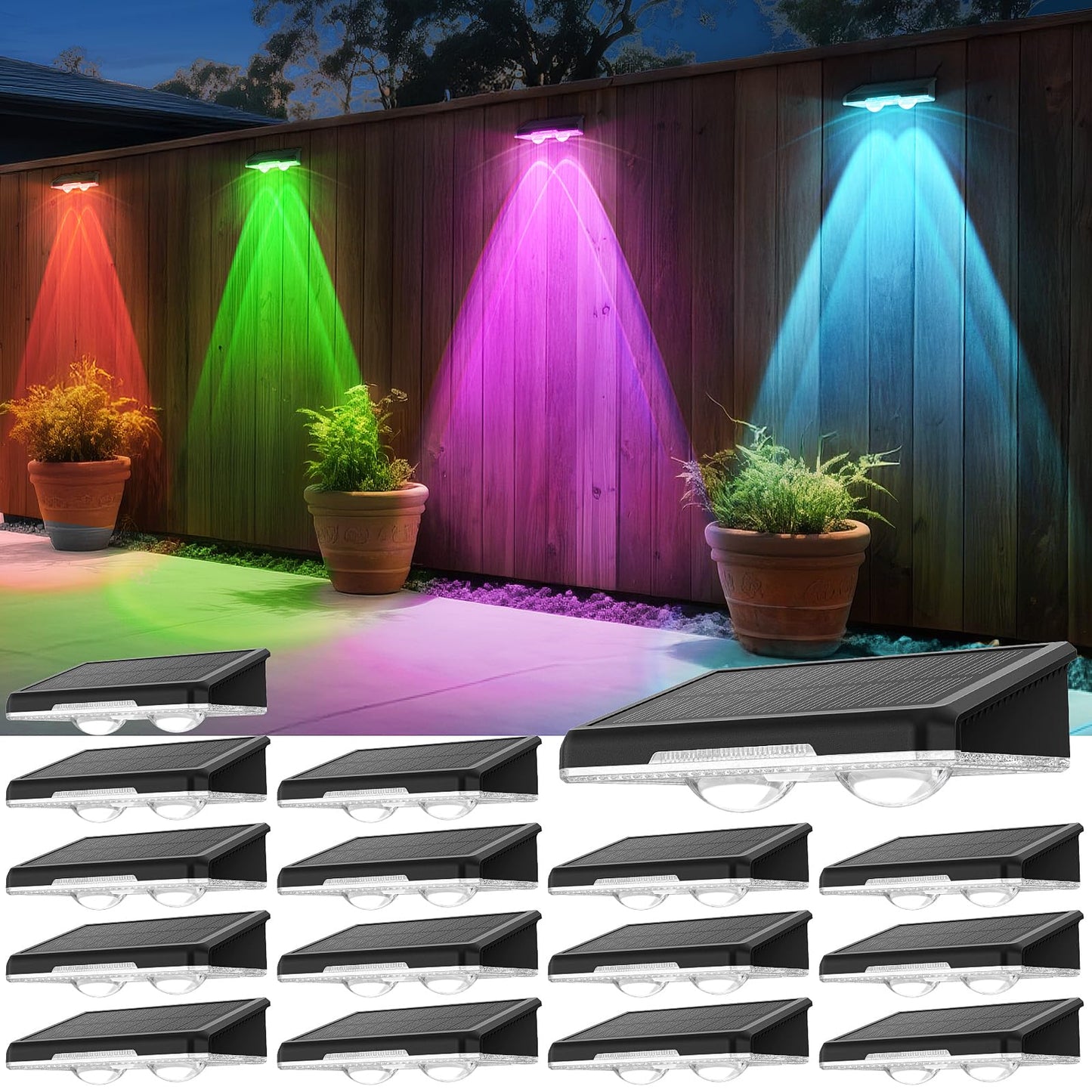 Apilab Solar Fence Lights Outdoor 16 Pack - 8 Modes (Rgb Cycle/Fixed)  Fence Lights Solar Powered For Outside  Ip65 Waterproof  Deck Lighting For Wall  Step  Patio  Pathway  Stairs