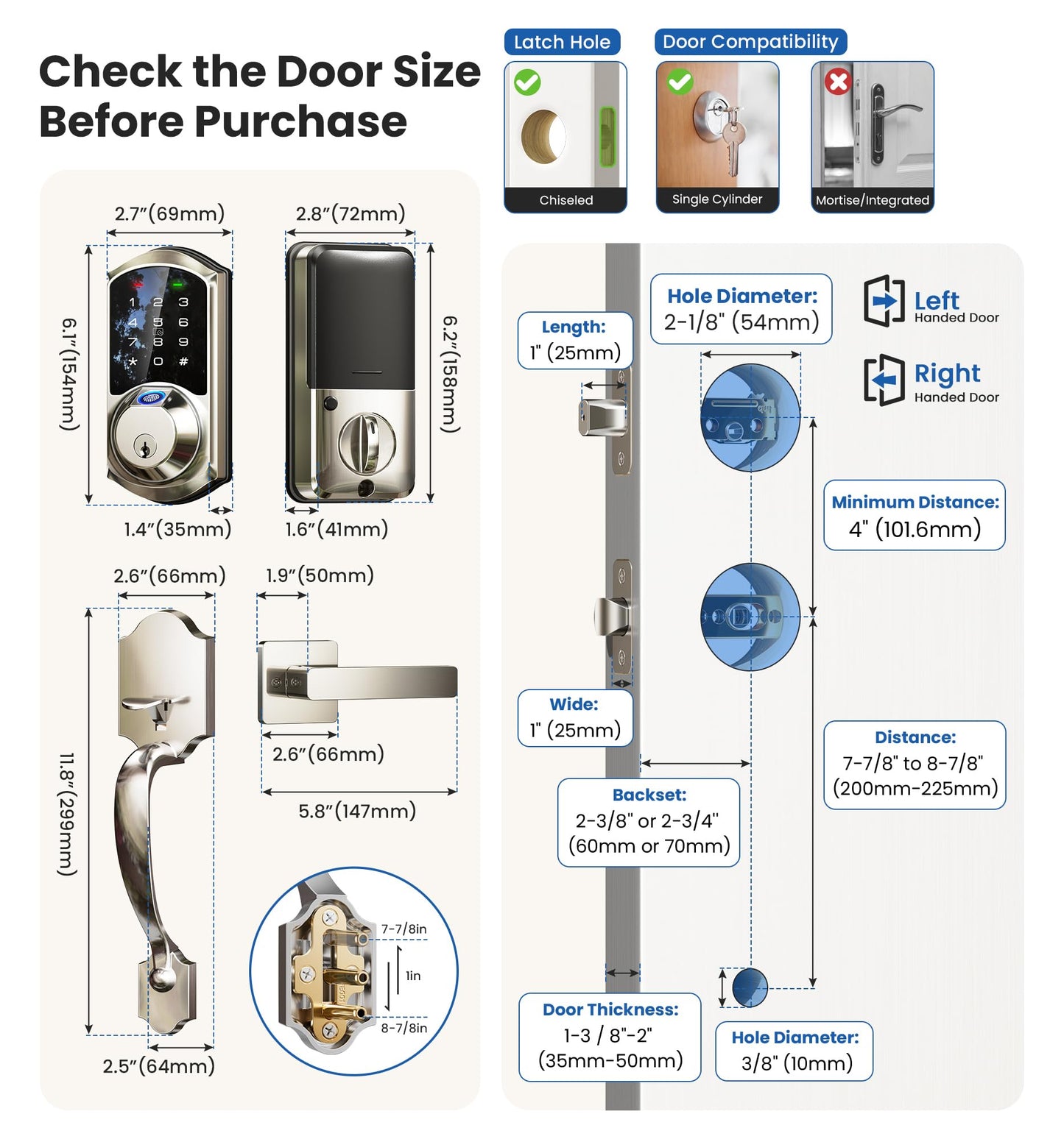 Veise VE07-H Fingerprint Smart Locks for Front Door with Handle Set, App Control, Keyless Entry Keypad Deadbolt, Digital Electronic Touchscreen, Easy Install, Auto Lock, Satin Nickel