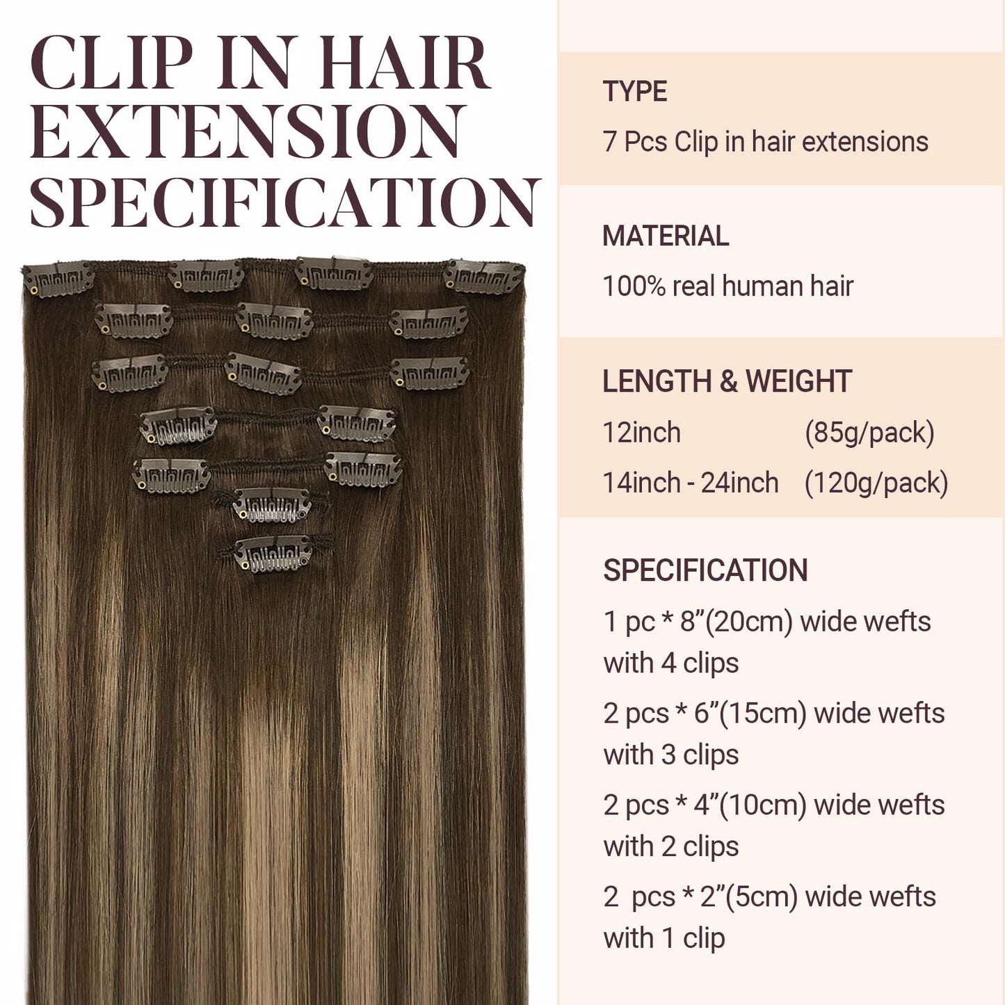 MAXITA Hair Extensions Clip in Human Hair, 7pcs 120g 20 Inch, Balayage Chocolate Brown to Caramel Blonde Real Hair Extensions Cl