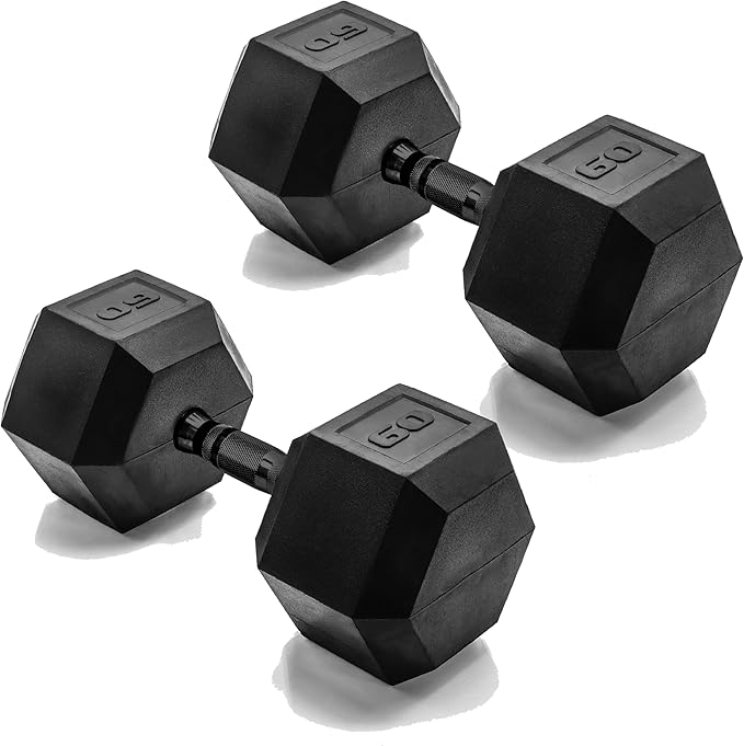 CAP Barbell 60 LB Rubber Coated Hex Dumbbell Hand Weight - Pair | Black Handle
