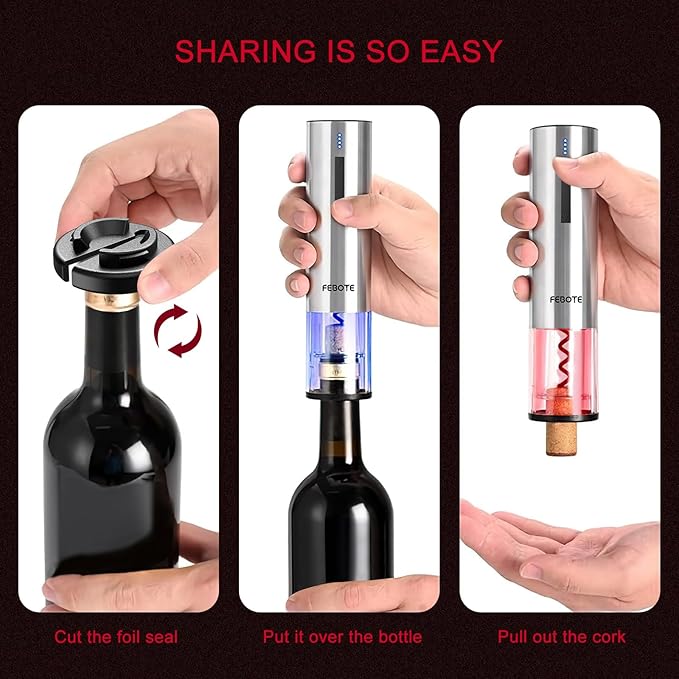 Electric Wine Opener Set for Home Bar Party - 5-in-1 Automatic Rechargeable Corkscrew with Charging Base, Foil Cutter, Vacuum Stoppers, Aerator, Accessories Premium Mahogany Base - Brown