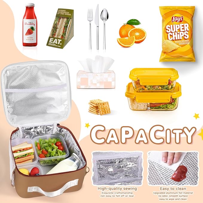 Lunch Bag Kids,Insulated Lunch Bag With Adjustable Shoulder Strap,Reusable Lunch Bag for Kids, Girls,Boys, lunch Bag Women,Preppy Lunch Box for School,Travel, Picnic (brown)