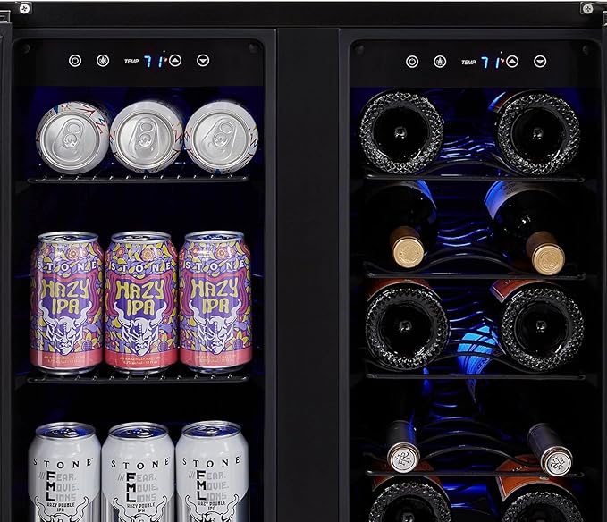 NewAir 24" Dual Zone Wine and Beverage Refrigerator, 18 Bottle & 58 Can, French Door Built-In Fridge with Lock, Black Stainless Steel Cooler, Digital Thermostat, Adjustable Shelves