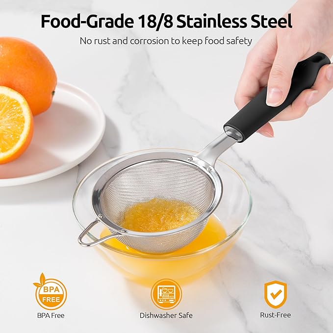 U-Taste Fine Mesh Food Strainer: 18/8 Stainless Steel 30 Mesh Kitchen Sieve with Sturdy Riveted Silicone Handle, Heavy Duty Deep Handheld Metal Colander (Small/3.35in+Medium/4.73, Black)