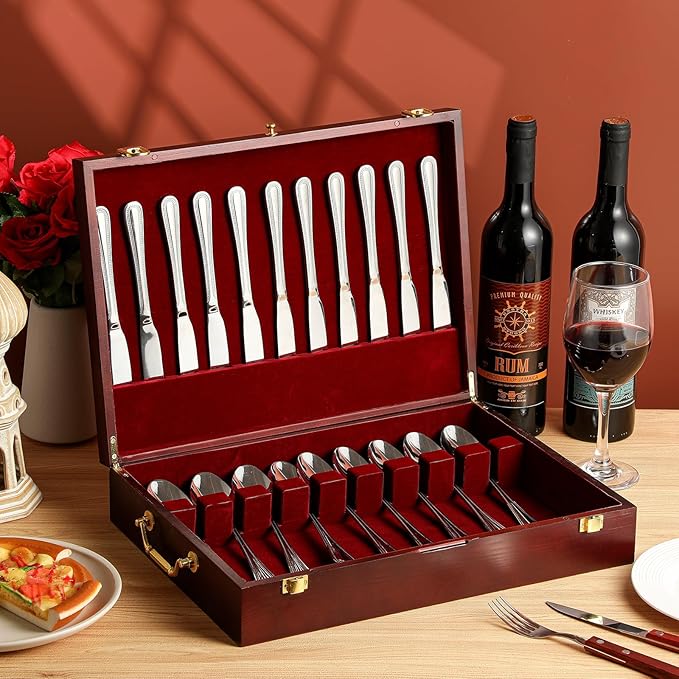 Novabright Wooden Silverware Storage Box with Lid, Christmas Flatware Organizer with Handle Felt Lined,15.3 x 11.4 Large Elegant Silverware Chest Case for Flatware Utensils Home Decor Gift(1 Layer)