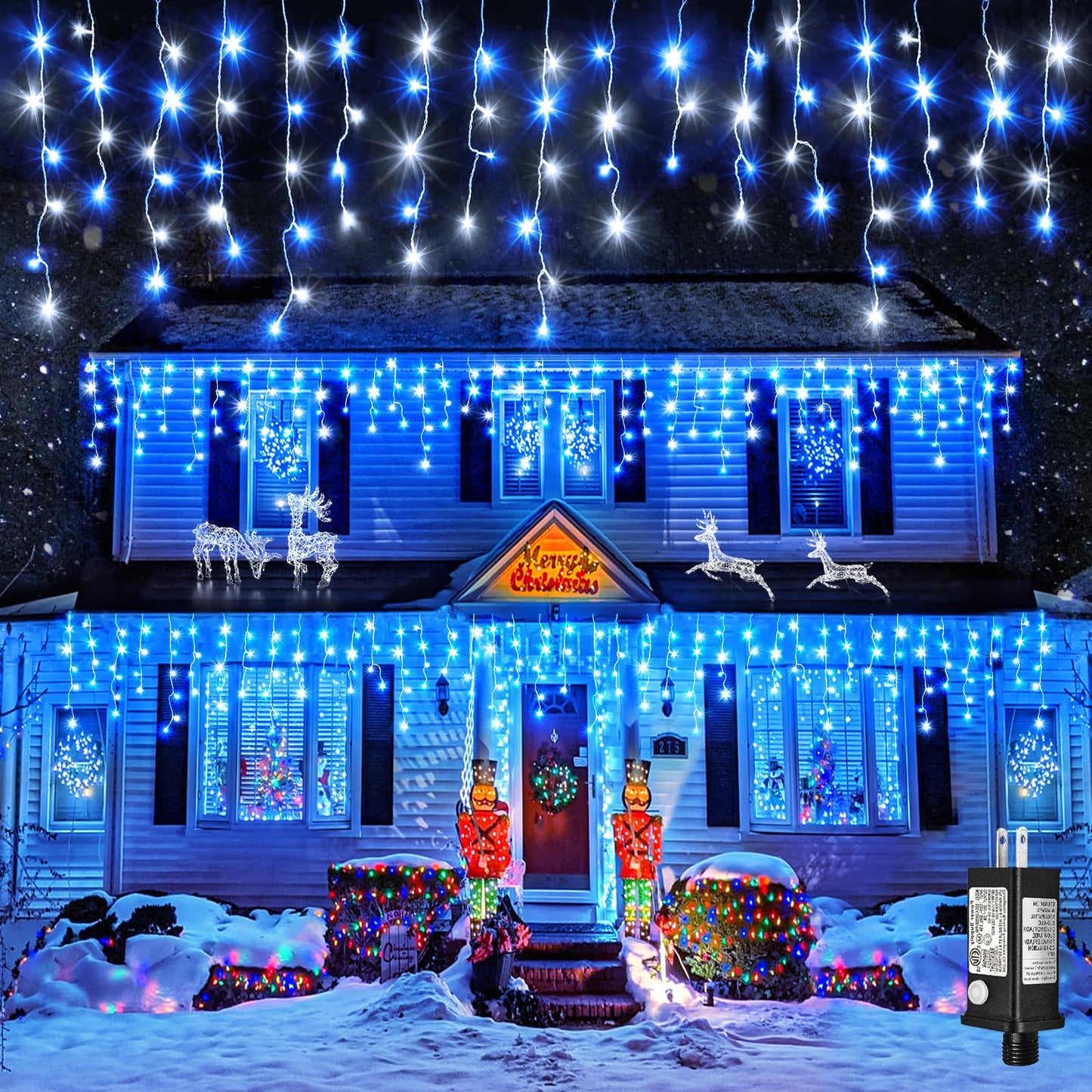 Einiiya Icicle Christmas Lights, 640 LED, 66ft, Waterproof, 8 Modes, Blue & White, Model BG-CL3M3-306L01
