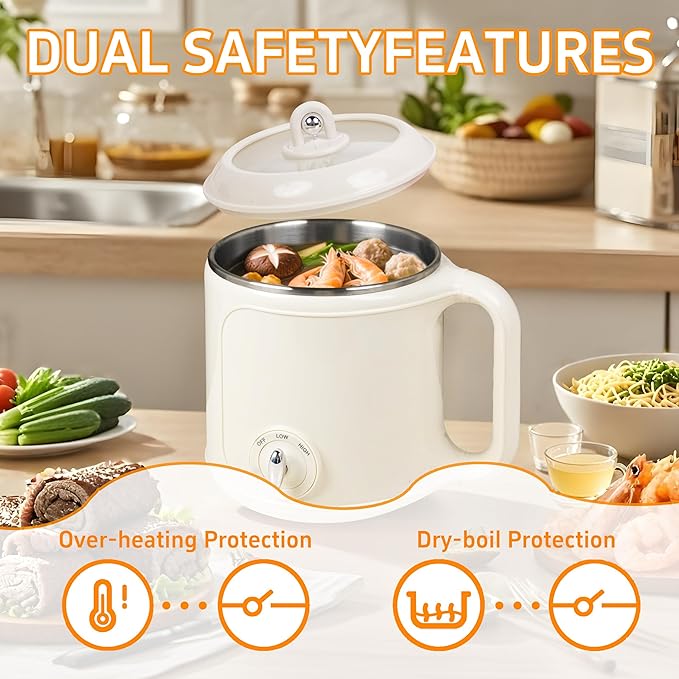 Hot Pot Electric, 2.0L Multifunctional Stainless Steel Electric Pot, Portable, Dual Power Adjustment for Dorm, Office, Travel