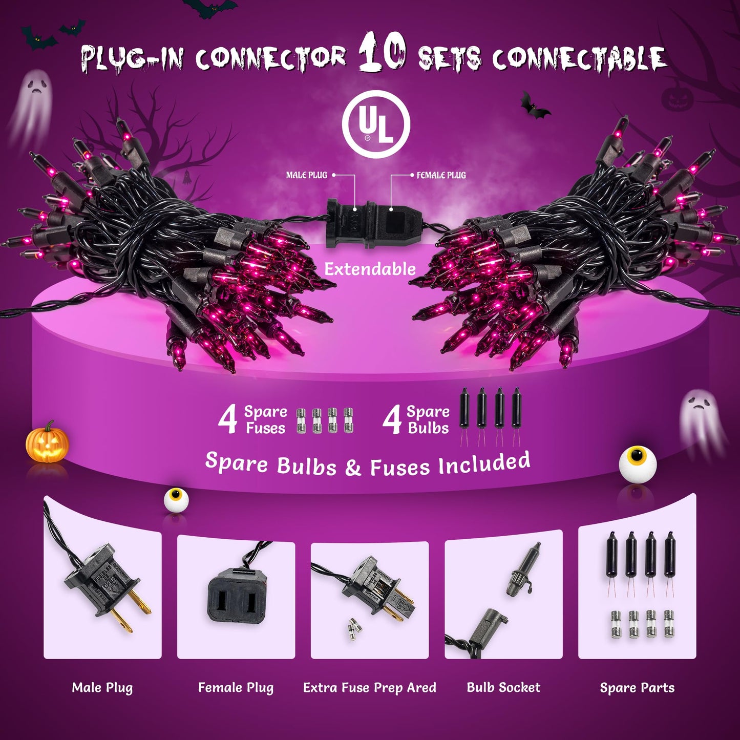 YOUNGAR Purple Halloween String Lights, 50 Count, 13FT, Waterproof, Black Wire for Indoor/Outdoor Decor