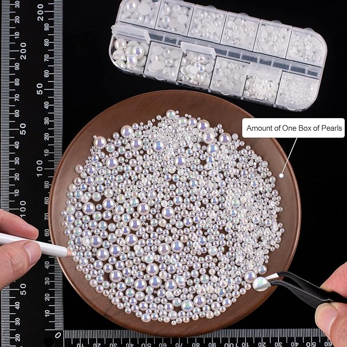 4000PCS Flatback Rhinestones and Half Round Pearls Kit #16, Multi Size Glass Clear Crystals, Plastic Flat Back White AB & Beige AB Dome Bead with Pickup Pencil and Tweezer for Nail Art