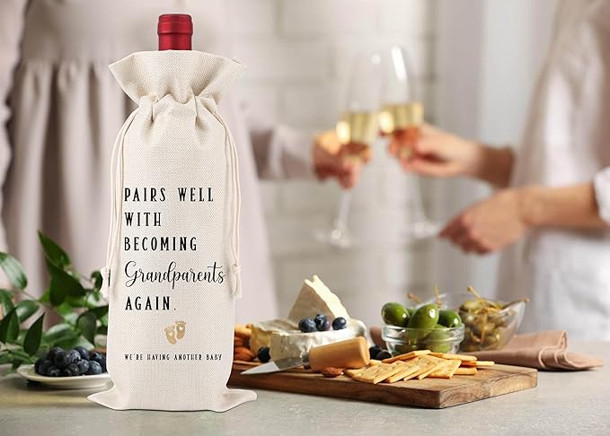 Pregnancy Announcement,Gift for Being Grandparents Again,Wine Bag Gifts for Grandparents,New Baby Gift,Pairs Well With Becoming Grandparents Again,1 Drawstring Gift Wine Bag,Q22