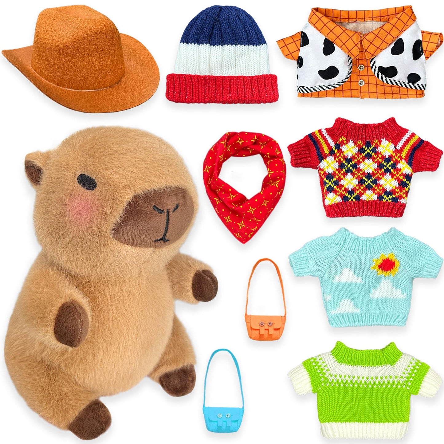 Kireidane Capybara Plush with 9 pcs Clothes & Accessories, 10.2 in Cute Capybara Stuffed Animal Plush Toys, Dress Up Cute Plushies for Girls/Boys