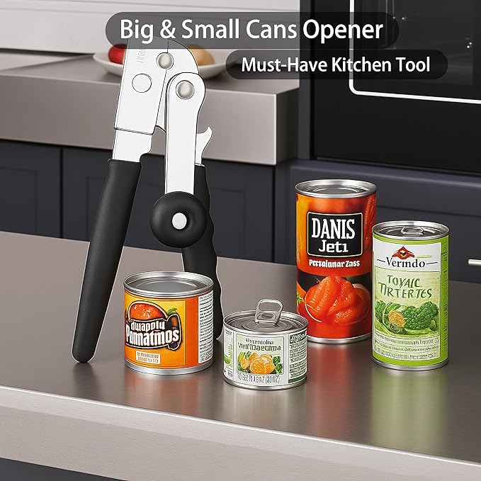 Heavy Duty Manual Can Opener Smooth Edge, Hand Crank Cans Opener for Adults Seniors, Kitchen Camping Tools, Stainless Steel, Black