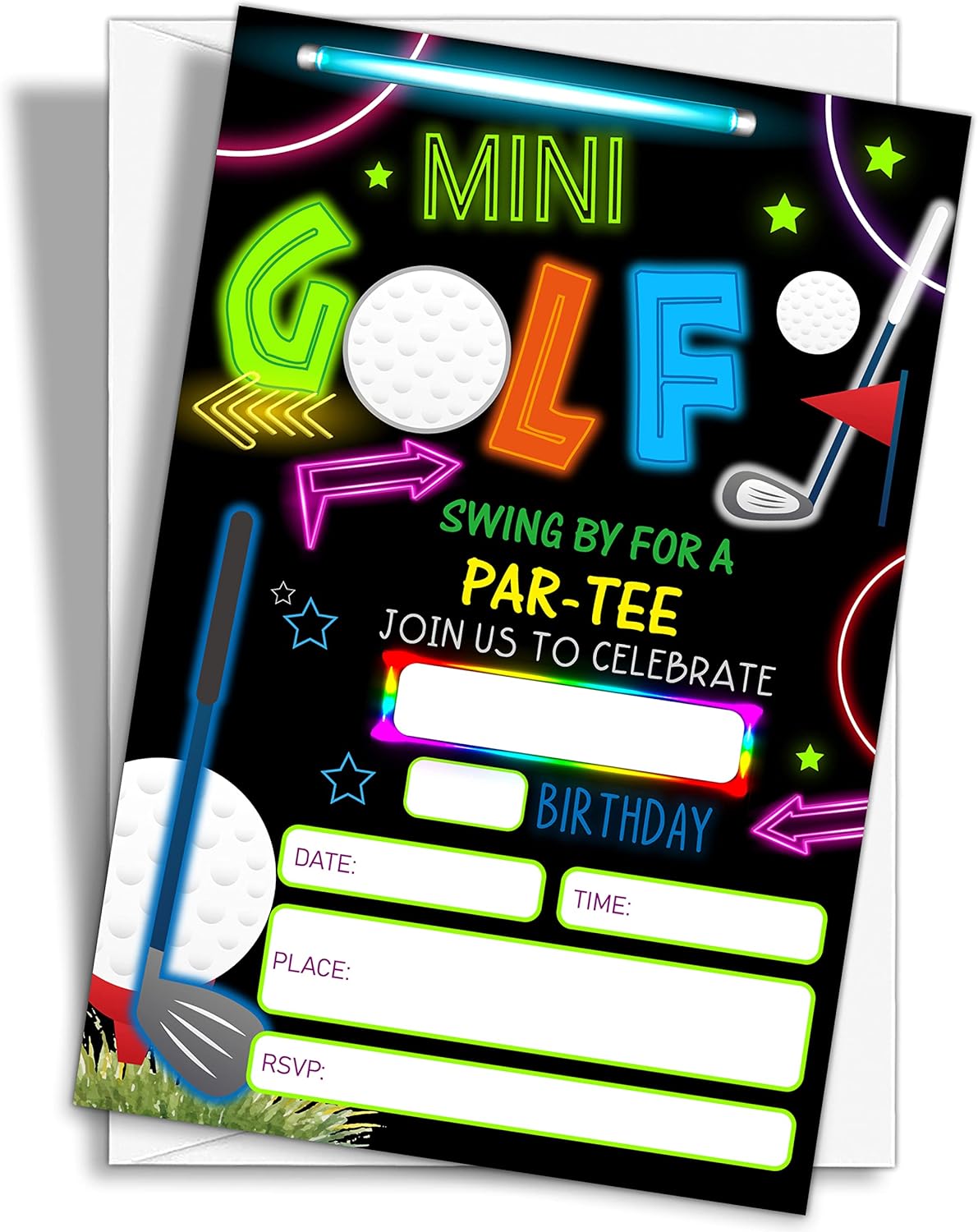 Mini Golf Invitation Birthday Party Invitations, 20-Count Neon Glow Gloss Arcade Laser Sport Theme Birthday Party Invites With Envelopes-HBYQK-B01