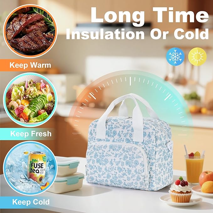 Large Lunch Bag for Women Insulated Lunch Box Reusable Cooler Bag Portable Cute Corduroy Leakproof Tote Bags for Travel, Work, and Picnic