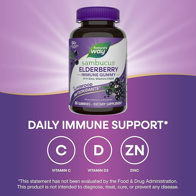 Nature's Way Sambucus Elderberry Immune Support Gummies for Kids & Adults* with Black Elderberry Extract, Vitamin C, Vitamin D3, and Zinc, 60 Gummies (Set of 3)