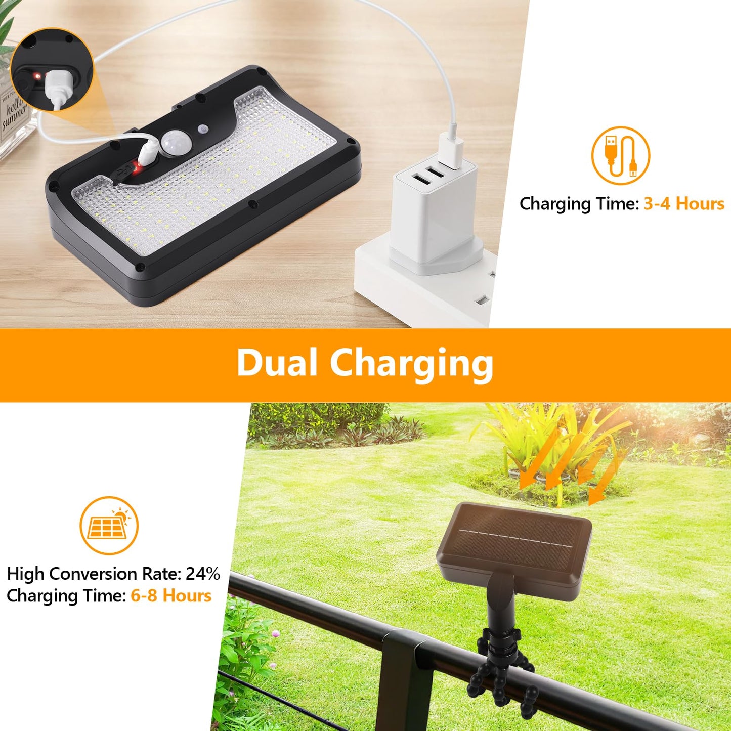 Solar Motion Lights Outdoor with Flexible Octopus Tripod, USB & Solar Powered Motion Sensor Lights with 92 LEDs(600LM,6000K), IP65 Waterproof Motion Activated Light for Fence, Camping, Gutter(2 Pack)
