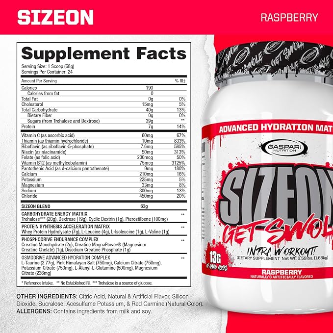 Gaspari Nutrition SizeOn, The Ultimate Hybrid Intra-Workout Amino Acid & Creatine Formula, Increased Muscle Volume & Muscle Recovery (3.59 Pounds, Raspberry)