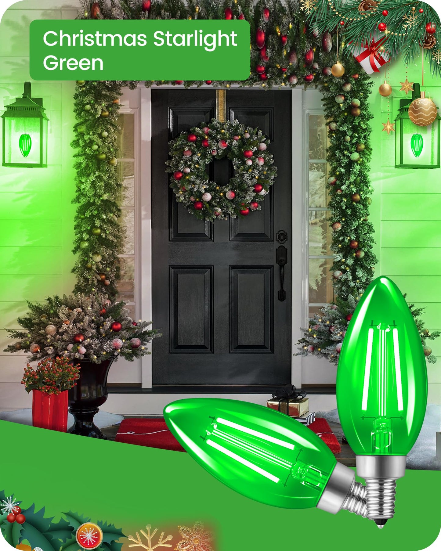 Goebleson Green E12 Led Light Bulbs  C35 5W (60W Equivalent) Glass Dimmable Chandelier Bulbs  Decorative Lighting For Christmas  Halloween  Party  Holiday Decoration  6 Pack J2C3P605