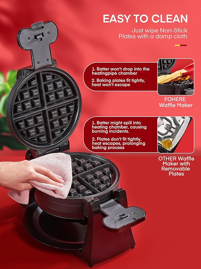 Waffle Maker, 1400W Double Belgian Waffle Iron 180° Flip, 8 Slices in 3 Mins, Rotating & Nonstick Plates, Anti-Scald, Removable Drip Tray Easy to Clean, Cool Touch Handle, Space-Saving Storage(Black)