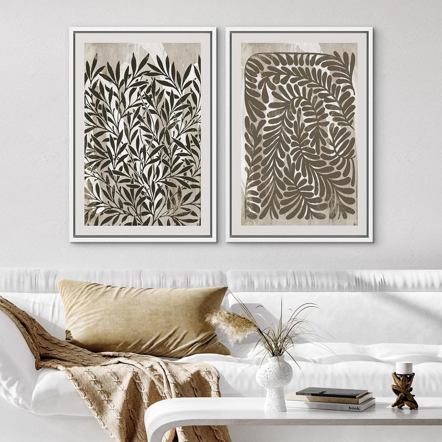 SIGNWIN Framed Canvas Print Wall Art Modern Botanical Abstract Black and Beige Leaf Illustrations Decorative for Living Room, Bedroom, Office - 16"x24"x2 White