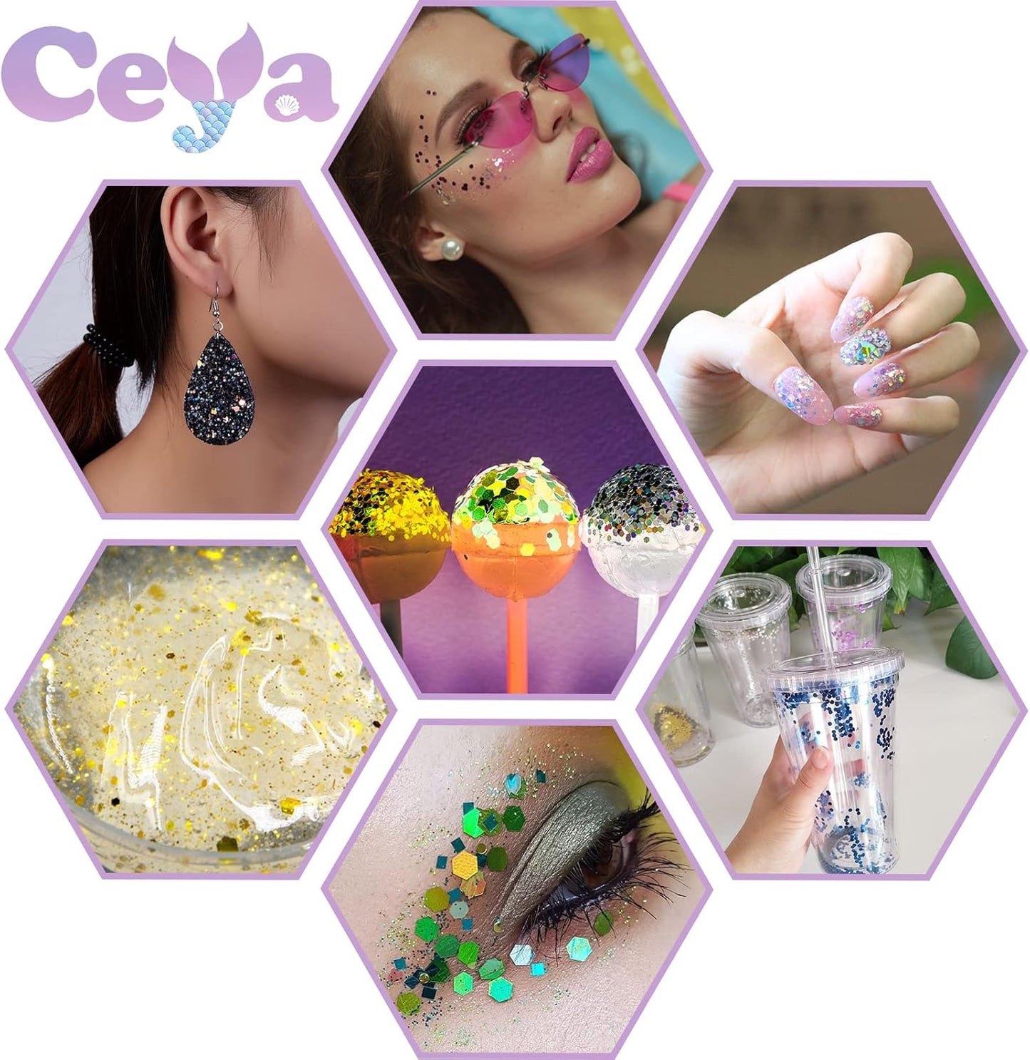 Ceya Holographic Chunky Glitter, 4.9oz/ 140g Violet Craft Glitter Powder Mixed Chunky & Fine Flakes Iridescent Nail Sequins for Nail Art, Hair, Epoxy Resin, Tumblers, Slime, Painting, Festival Decor