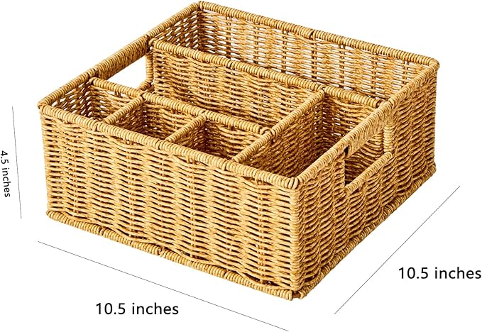 Utensil Holder for Party, Paper Plate Dispenser for Countertop, Silverware Caddy for Picnic, Cutlery Holder for Kitchen Camping Buffet, Wicker Basket with 6 Compartments