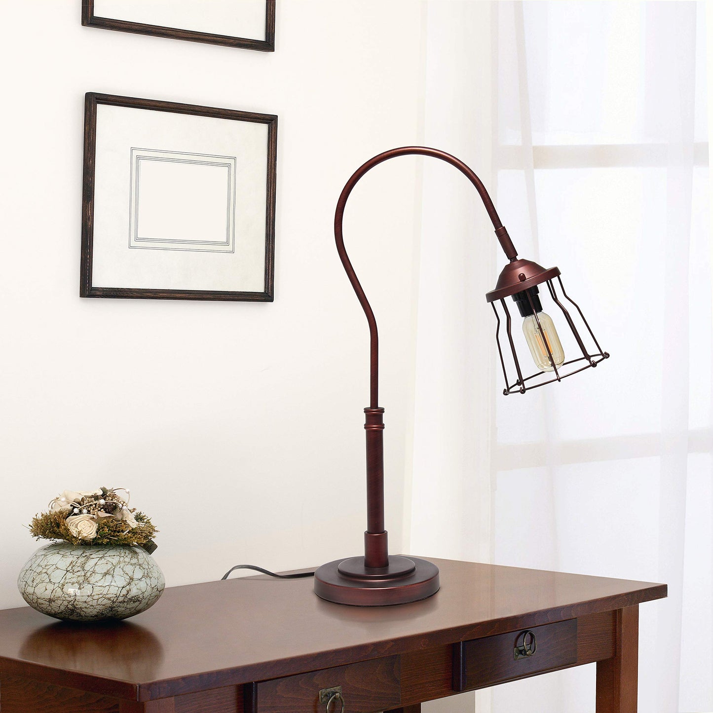 Elegant Designs Table Lamp LT1060-RDB Red Bronze Metal Open Cage Design