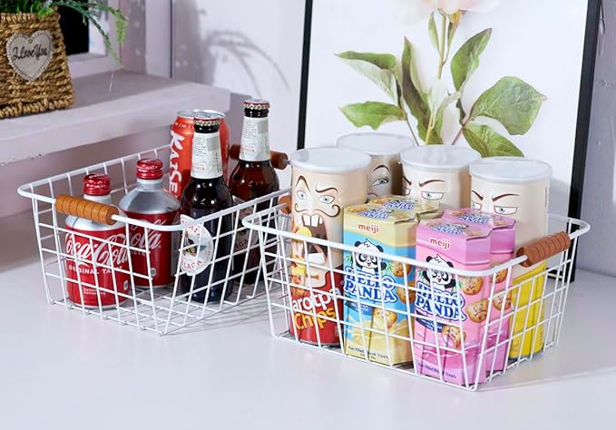 Wire Kitchen Storage Basket 4 Packs,Perfect Pantry Organization Accessories Baskets,Laundry Basket,With a Wooden handle,Suitable for Kitchen,Bathroom,Bedroom,Tabletop,Stackable,White
